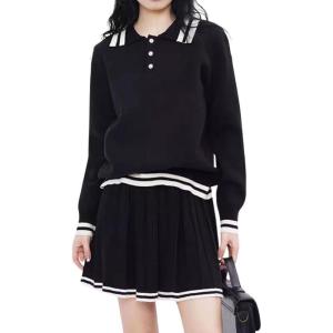 imagechouyatou Womens 2 Piece Outfits Long Sleeve Striped Polo Collared Sweater and Pleated Mini Knit Skirt SetsBlack