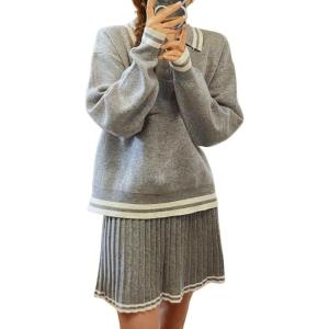 imagechouyatou Womens 2 Piece Outfits Long Sleeve Striped Polo Collared Sweater and Pleated Mini Knit Skirt SetsGray