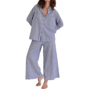 imagechouyatou Womens 2 Piece Outfits Striped Button Down Shirt and Wide Leg Pant Pajamas Sets LoungewearBlue