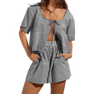 imagechouyatou Womens 2 Piece Sets Gingham Shorts Outfits Plaid Bow Tie Shirt Loungewear Pajama SetsBlack