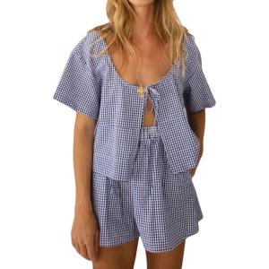 imagechouyatou Womens 2 Piece Sets Gingham Shorts Outfits Plaid Bow Tie Shirt Loungewear Pajama SetsDark Blue