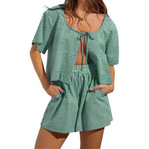 imagechouyatou Womens 2 Piece Sets Gingham Shorts Outfits Plaid Bow Tie Shirt Loungewear Pajama SetsGreen