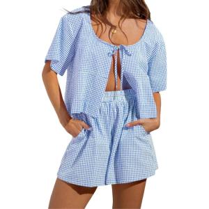 imagechouyatou Womens 2 Piece Sets Gingham Shorts Outfits Plaid Bow Tie Shirt Loungewear Pajama SetsLight Blue