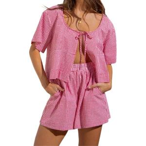 imagechouyatou Womens 2 Piece Sets Gingham Shorts Outfits Plaid Bow Tie Shirt Loungewear Pajama SetsRed