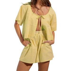 imagechouyatou Womens 2 Piece Sets Gingham Shorts Outfits Plaid Bow Tie Shirt Loungewear Pajama SetsYellow
