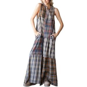 imagechouyatou Womens Baggy Color Block Plaid Wide Leg Romper Gingham Button Down Jumpsuit Overall PantsGrey