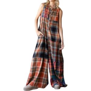 imagechouyatou Womens Baggy Color Block Plaid Wide Leg Romper Gingham Button Down Jumpsuit Overall PantsOrange