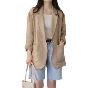 imagechouyatou Womens Business Casual Blazer Cotton Linen Office Loose Fit Notch Neck Open Front Jacket CoatKhaki