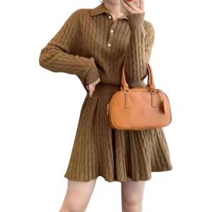 imagechouyatou Womens Cable Knit 2 Piece Outfits Cropped Polo Collared Sweater and Pleated Mini Skirt SetsBrown