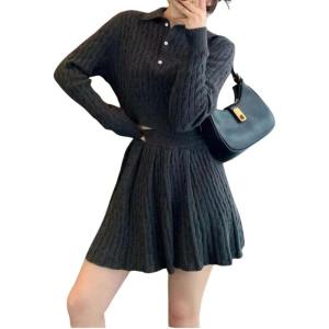 imagechouyatou Womens Cable Knit 2 Piece Outfits Cropped Polo Collared Sweater and Pleated Mini Skirt SetsDark Gray