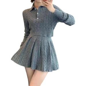 imagechouyatou Womens Cable Knit 2 Piece Outfits Cropped Polo Collared Sweater and Pleated Mini Skirt SetsGray