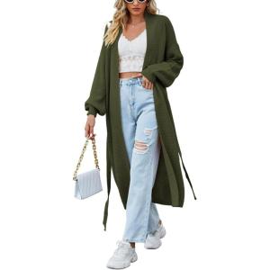 imagechouyatou Womens Fall Casual Open Front Cardigan Dressy Knitted Long Sweater Coat with BeltBlack
