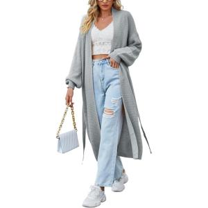 imagechouyatou Womens Fall Casual Open Front Cardigan Dressy Knitted Long Sweater Coat with BeltGrey