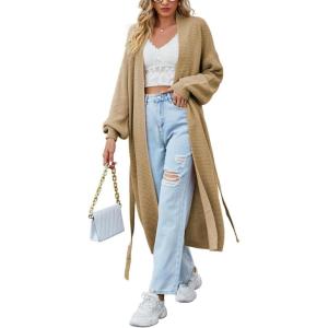 imagechouyatou Womens Fall Casual Open Front Cardigan Dressy Knitted Long Sweater Coat with BeltKhaki