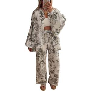 imagechouyatou Womens Floral Print 2 Piece Outfits Button Down Shirt Wide Leg Pants Casual Lounge Matching SetDark Gray