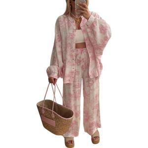 imagechouyatou Womens Floral Print 2 Piece Outfits Button Down Shirt Wide Leg Pants Casual Lounge Matching SetPink
