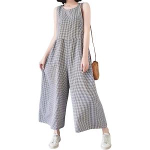 imagechouyatou Womens Plaid Wide Leg Sleeveless Jumpsuits Loose Fit Baggy Culottes One Piece Jumpsuit Long PantsBlack