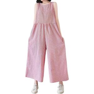imagechouyatou Womens Plaid Wide Leg Sleeveless Jumpsuits Loose Fit Baggy Culottes One Piece Jumpsuit Long PantsRed