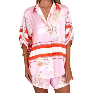 imagechouyatou Womens Summer Floral 2 Piece Outfits Button Down Shirt Wide Leg Shorts Boho Vacation Matching SetRed Striped