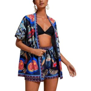 imagechouyatou Womens Summer Floral 2 Piece Outfits Open Front Cardigan Shirt Boho Vacation Wide Leg Shorts SetBlack
