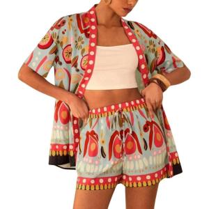 imagechouyatou Womens Summer Floral 2 Piece Outfits Open Front Cardigan Shirt Boho Vacation Wide Leg Shorts SetRed