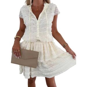 imagechouyatou Womens Summer Lace Floral 2 Piece Outfits Button Down Top Tiered Ruffle Mini Skirt Matching SetBeige White