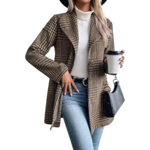 imagechouyatou Womens Vintage Plaid Blazer Wool Coat Elegant Shawl Collar Wool Blend Trench Pea CoatBrown