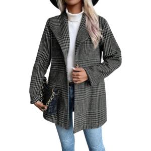 imagechouyatou Womens Vintage Plaid Blazer Wool Coat Elegant Shawl Collar Wool Blend Trench Pea CoatGray