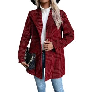 imagechouyatou Womens Vintage Plaid Blazer Wool Coat Elegant Shawl Collar Wool Blend Trench Pea CoatRed