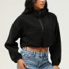 imagechouyatou Women Cute Fluffy Crop Sweatshirt Fleece Sherpa Jacket Zip Up Short Teddy Faux Fur Button CoatBlack