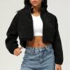 imagechouyatou Women Cute Fluffy Crop Sweatshirt Fleece Sherpa Jacket Zip Up Short Teddy Faux Fur Button CoatBlack