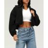 imagechouyatou Women Cute Fluffy Crop Sweatshirt Fleece Sherpa Jacket Zip Up Short Teddy Faux Fur Button CoatBlack