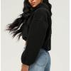 imagechouyatou Women Cute Fluffy Crop Sweatshirt Fleece Sherpa Jacket Zip Up Short Teddy Faux Fur Button CoatBlack