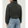 imagechouyatou Women Cute Fluffy Crop Sweatshirt Fleece Sherpa Jacket Zip Up Short Teddy Faux Fur Button CoatDark Grey