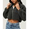 imagechouyatou Women Cute Fluffy Crop Sweatshirt Fleece Sherpa Jacket Zip Up Short Teddy Faux Fur Button CoatDark Grey