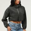 imagechouyatou Women Cute Fluffy Crop Sweatshirt Fleece Sherpa Jacket Zip Up Short Teddy Faux Fur Button CoatDark Grey