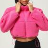 imagechouyatou Women Cute Fluffy Crop Sweatshirt Fleece Sherpa Jacket Zip Up Short Teddy Faux Fur Button CoatPink