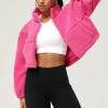 imagechouyatou Women Cute Fluffy Crop Sweatshirt Fleece Sherpa Jacket Zip Up Short Teddy Faux Fur Button CoatPink