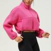 imagechouyatou Women Cute Fluffy Crop Sweatshirt Fleece Sherpa Jacket Zip Up Short Teddy Faux Fur Button CoatPink