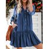 imagechouyatou Women Y2k Rolled Up Sleeve Denim Dress Distressed V Neck Mini Short Ruffle Jean Dress with PocketDark Blue