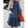 imagechouyatou Women Y2k Rolled Up Sleeve Denim Dress Distressed V Neck Mini Short Ruffle Jean Dress with PocketDark Blue