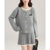 imagechouyatou Womens 2 Piece Outfits Button Down Cardigan Sweater and Elastic Waist Pleated Mini Skirt SetsGray