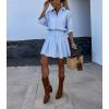 imagechouyatou Womens 2 Piece Outfits Striped Lapel Button Down Shirt Pleated Mini Skirt Matching Set Travel OutfitBlue