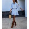 imagechouyatou Womens 2 Piece Outfits Striped Lapel Button Down Shirt Pleated Mini Skirt Matching Set Travel OutfitBlue