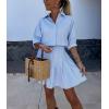imagechouyatou Womens 2 Piece Outfits Striped Lapel Button Down Shirt Pleated Mini Skirt Matching Set Travel OutfitBlue