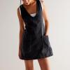 imagechouyatou Womens Backless Denim Tank Dress V Neck Overall Dress Mini Short Jumper Jean Dress with PocketsBlack