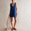 imagechouyatou Womens Backless Denim Tank Dress V Neck Overall Dress Mini Short Jumper Jean Dress with PocketsDark Blue