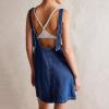imagechouyatou Womens Backless Denim Tank Dress V Neck Overall Dress Mini Short Jumper Jean Dress with PocketsDark Blue
