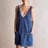 imagechouyatou Womens Backless Denim Tank Dress V Neck Overall Dress Mini Short Jumper Jean Dress with PocketsDark Blue