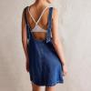 imagechouyatou Womens Backless Denim Tank Dress V Neck Overall Dress Mini Short Jumper Jean Dress with PocketsDark Blue